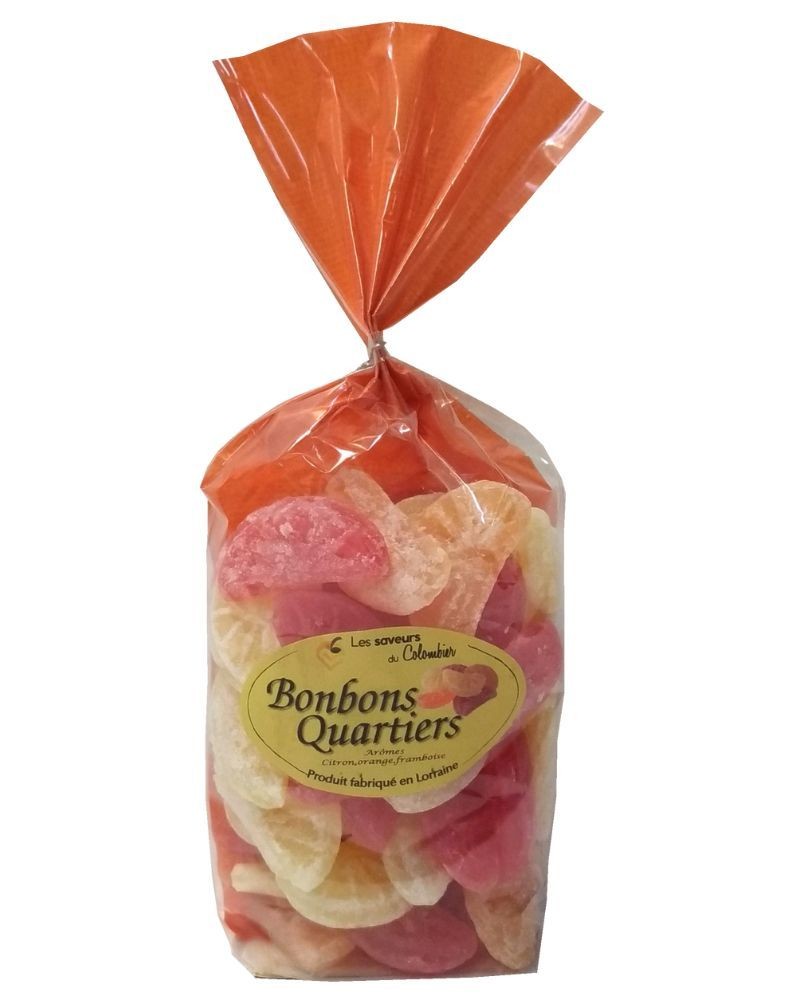Bonbons en quartiers saveurs citron, orange et framboise 200g, produits par la confiserie Perrin (54)
