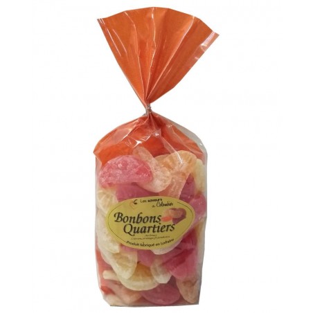 Bonbons en quartiers saveurs citron, orange et framboise 200g, produits par la confiserie Perrin (54)